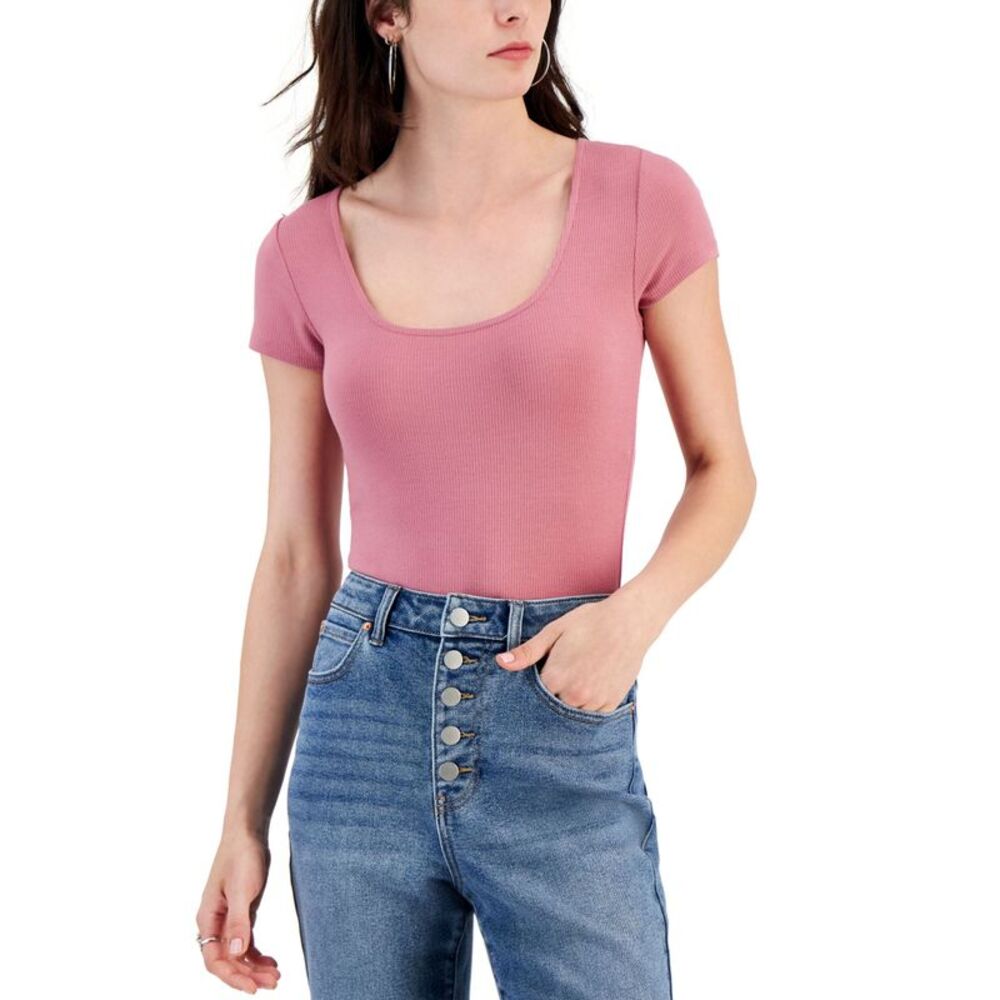 Self Esteem Juniors' Short-Sleeved Square-Neck Ribbed Bodysuit